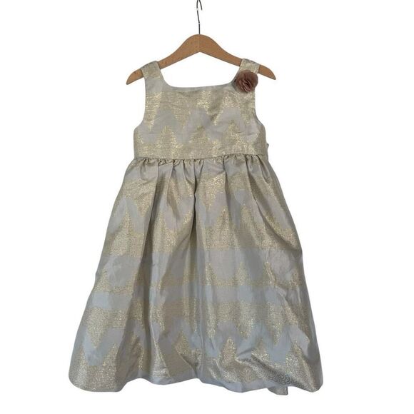 Monsoon Little Girls Damask Occasion Dress Puffy Silver/Gray and Gold Size 7/8 - Picture 1 of 15